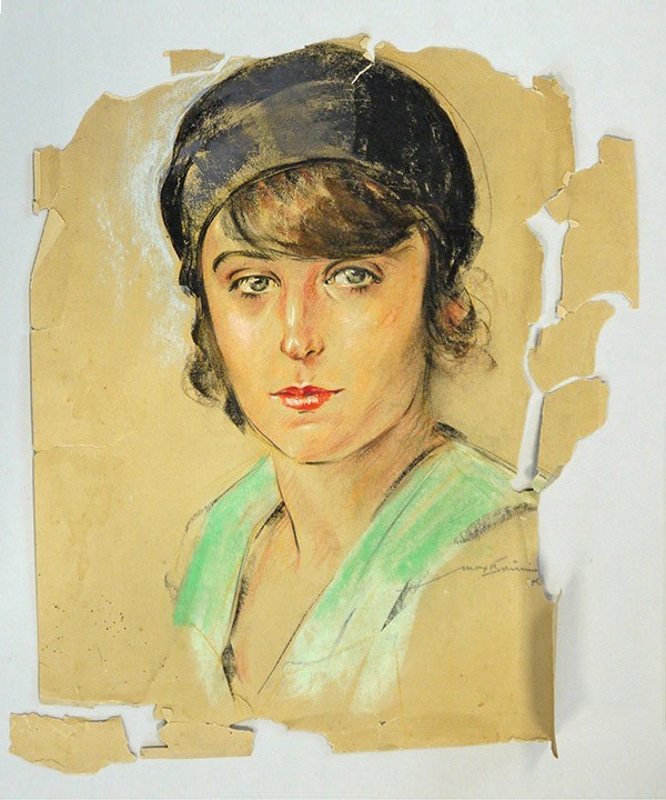 Portrait in Pastell mit zahlreichen Fragmenten, Rissen und Fehlstellen